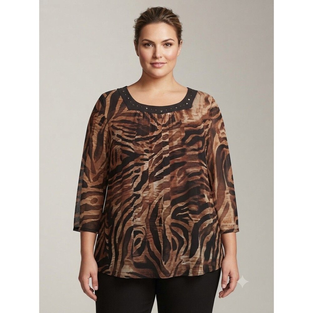 Maggie Barnes Tunic Blouse in Brown Zebra Print Studded Collar